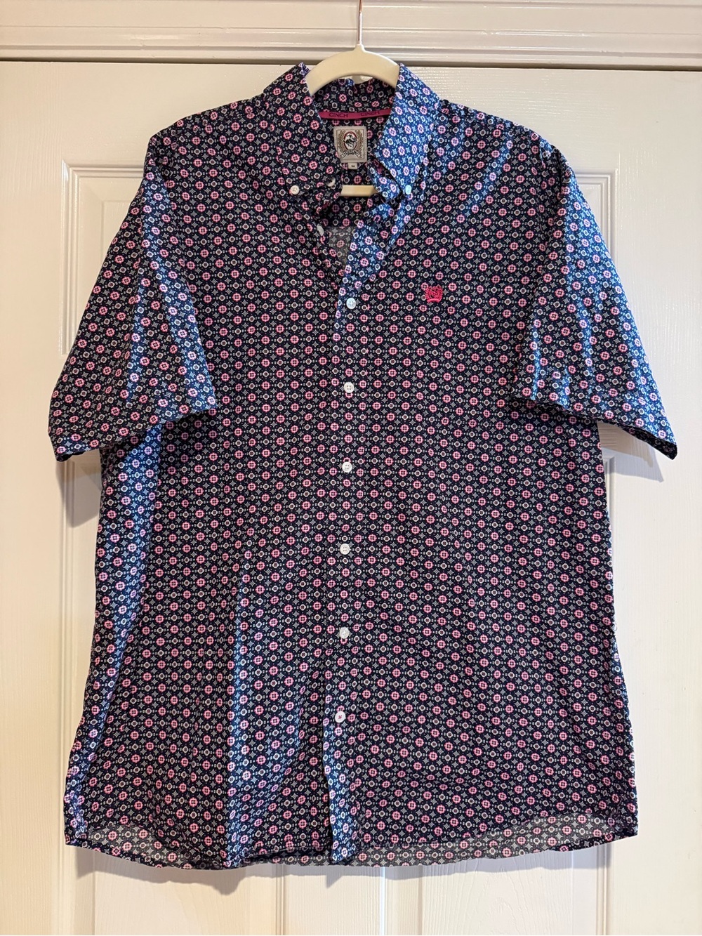 CINCH Men's Medium Navy Pink Geometric Print Short Sleeve Western Shirt
